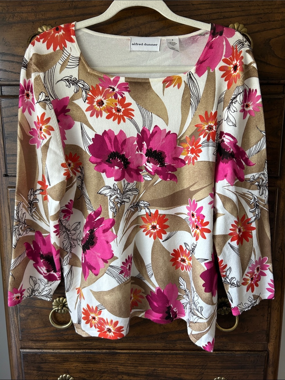 Alfred Dunner Cream Square Neck Sweater with Pink & Orange Floral Pattern,Size S